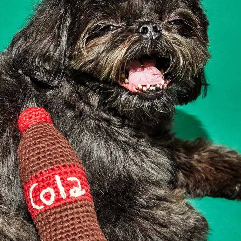 Dog holding a crocheted Coca-Cola bottle toy against a green background