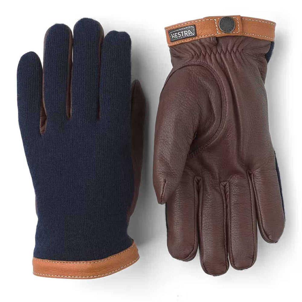 Navy and Brown men's leather gloves with cozy wool lining