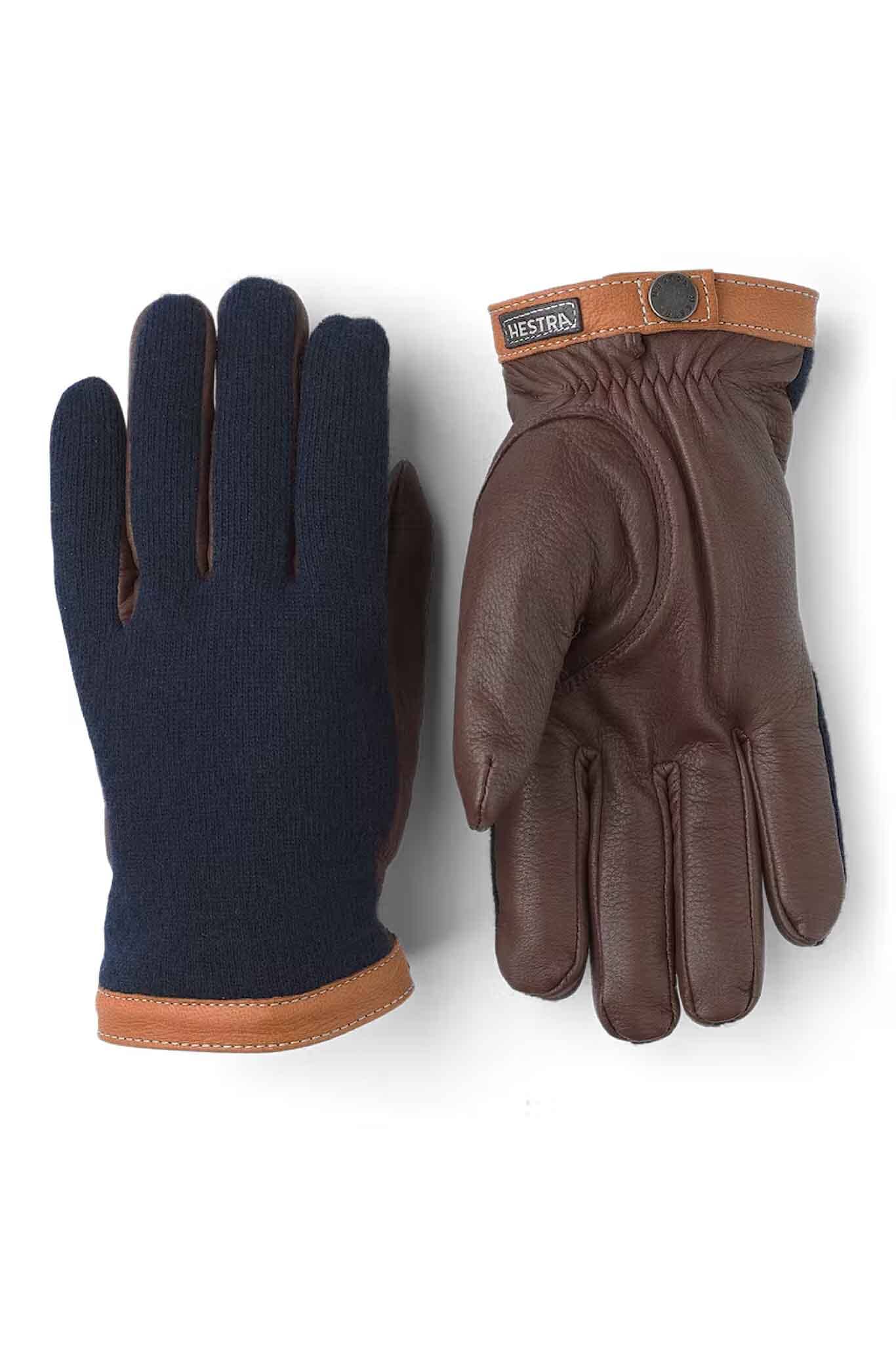 Navy and Brown men's leather gloves with cozy wool lining