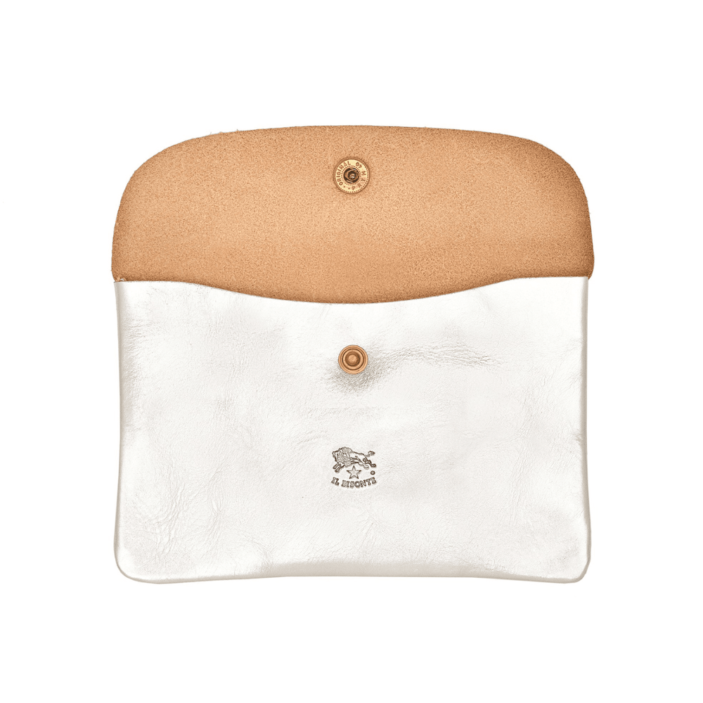 The interior view of a silver leather card case