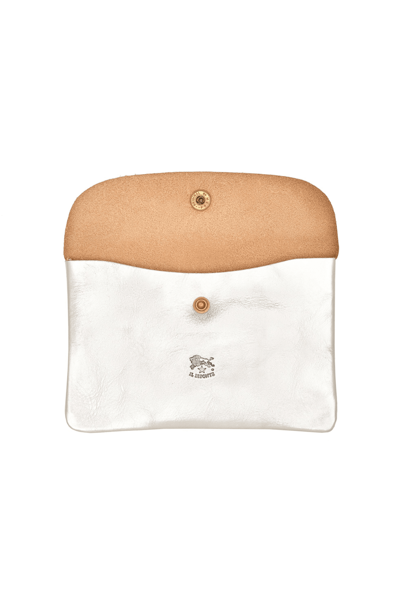 The interior view of a silver leather card case