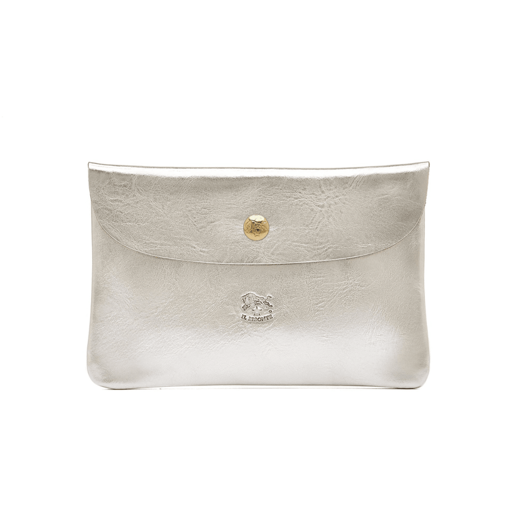 Silver leather card case with a gold brass button