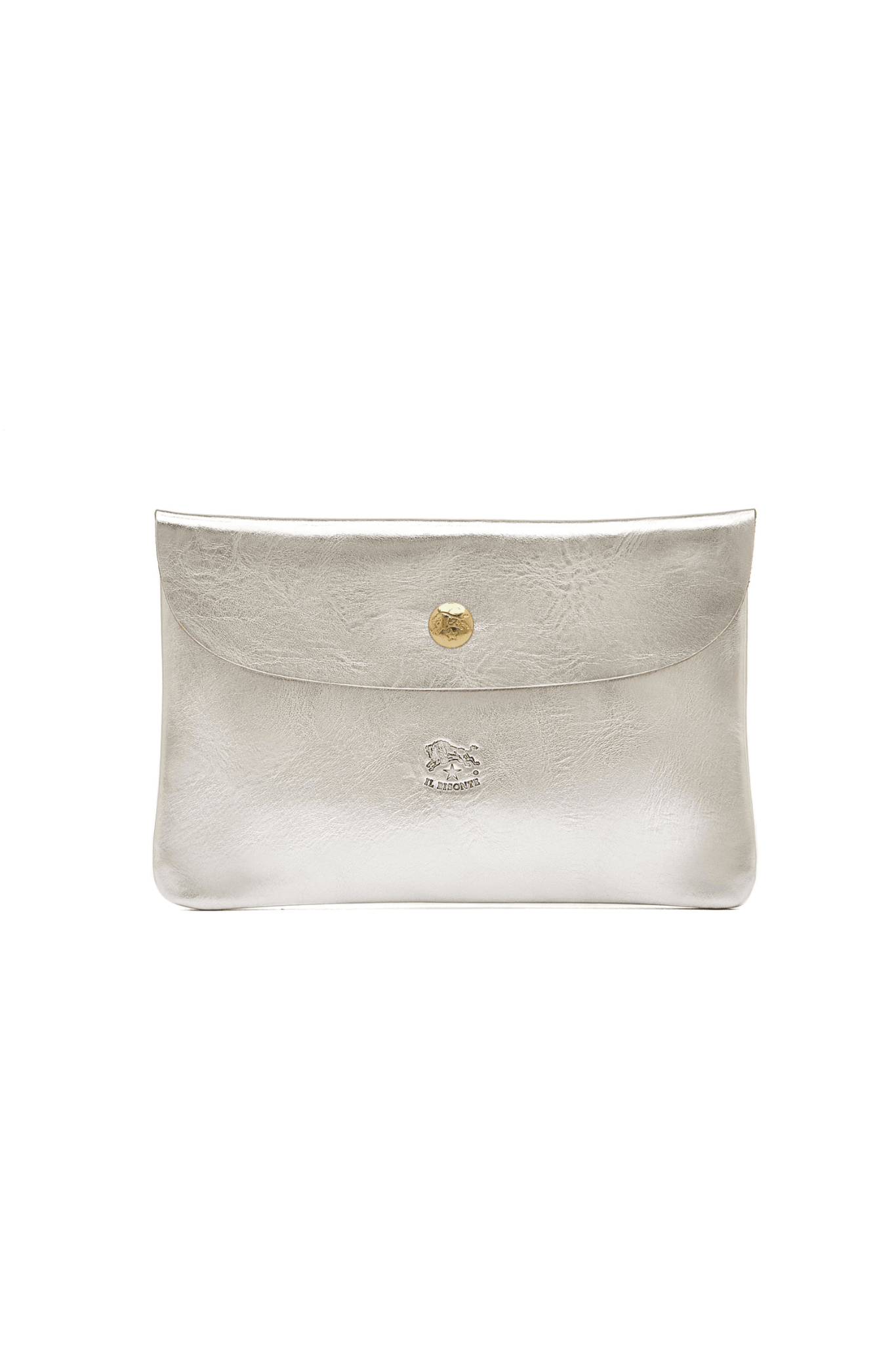 Silver leather card case with a gold brass button