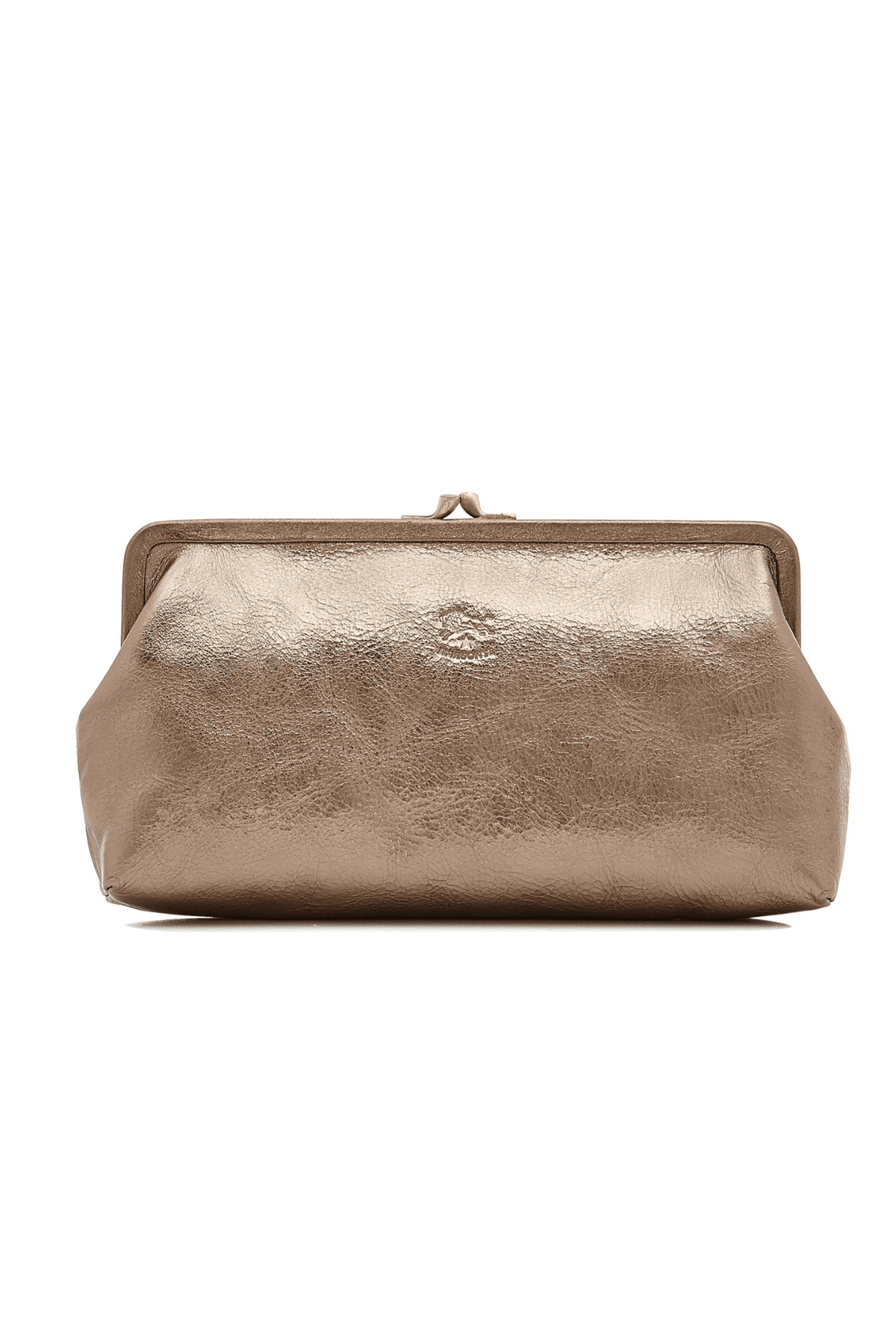 A bronze-colored Il Bisonte clutch bag made of vegetable tanned cowhide leather with a retro clasp.