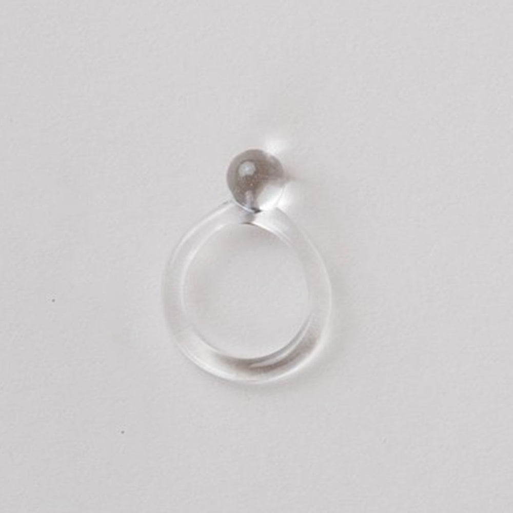 
                  
                    The top view of a clear handmade pyrex glass ring with a clear band and a small clear orb ball.
                  
                