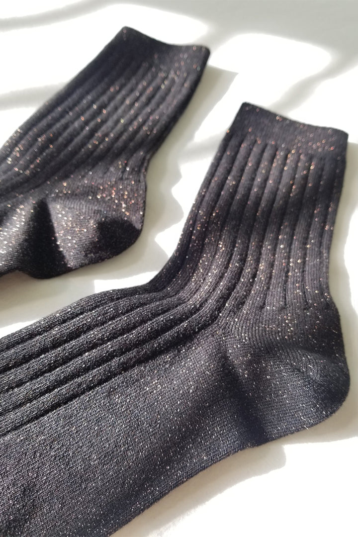 Black ribbed glitter crew socks details