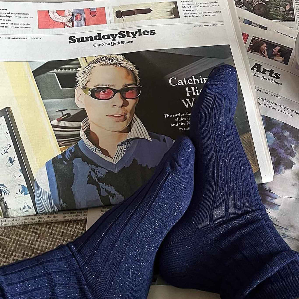 Close up of blue glitter crew socks