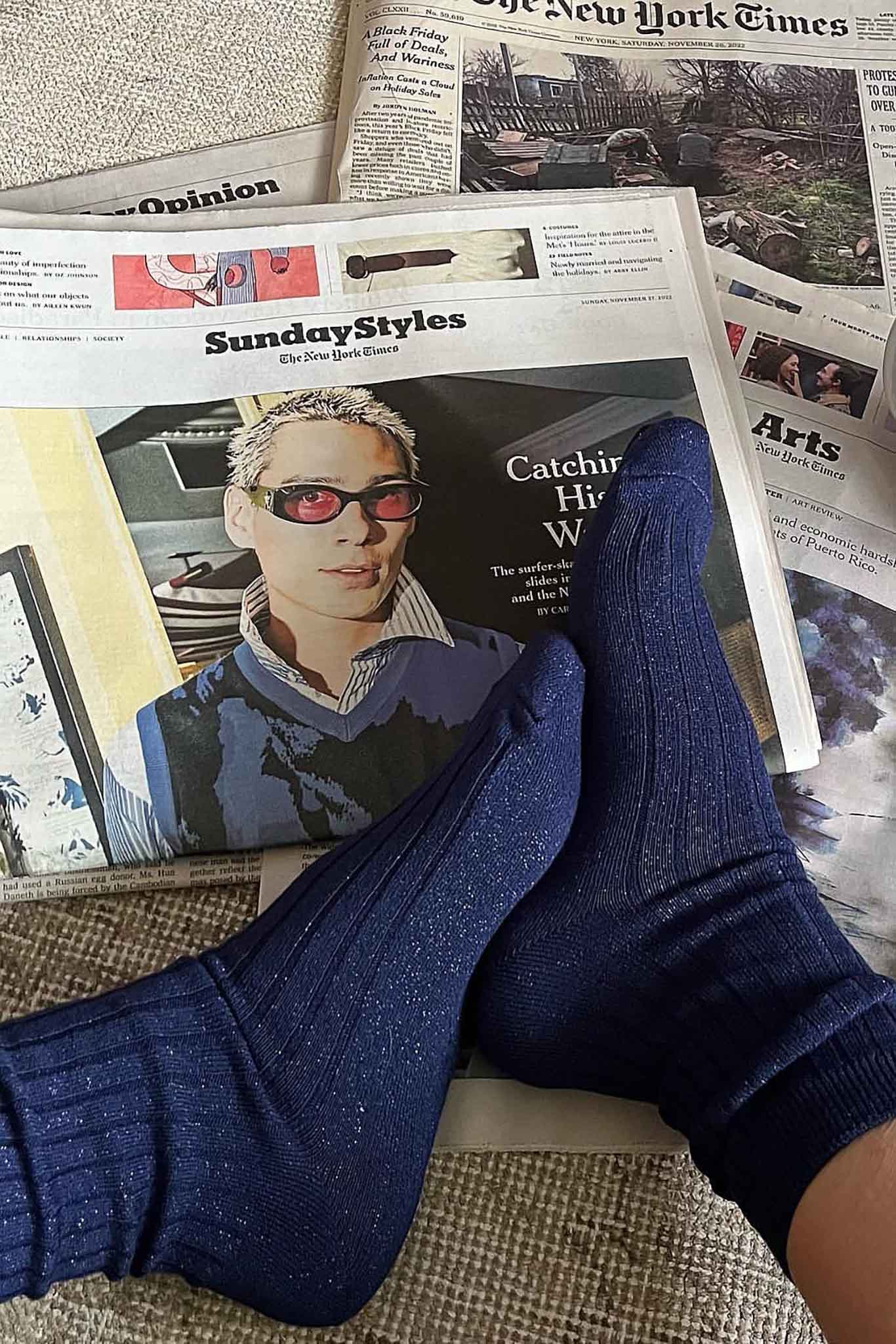 Close up of blue glitter crew socks