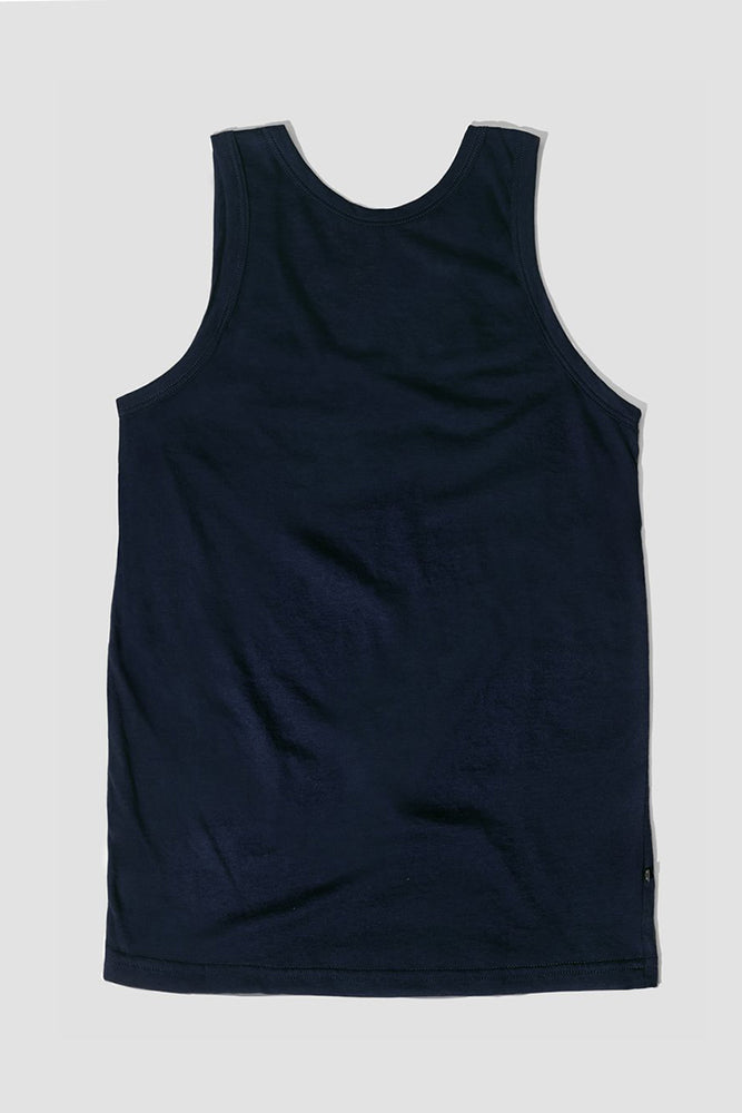 The back of a black tank top made from organic pima cotton, displayed against a white background.