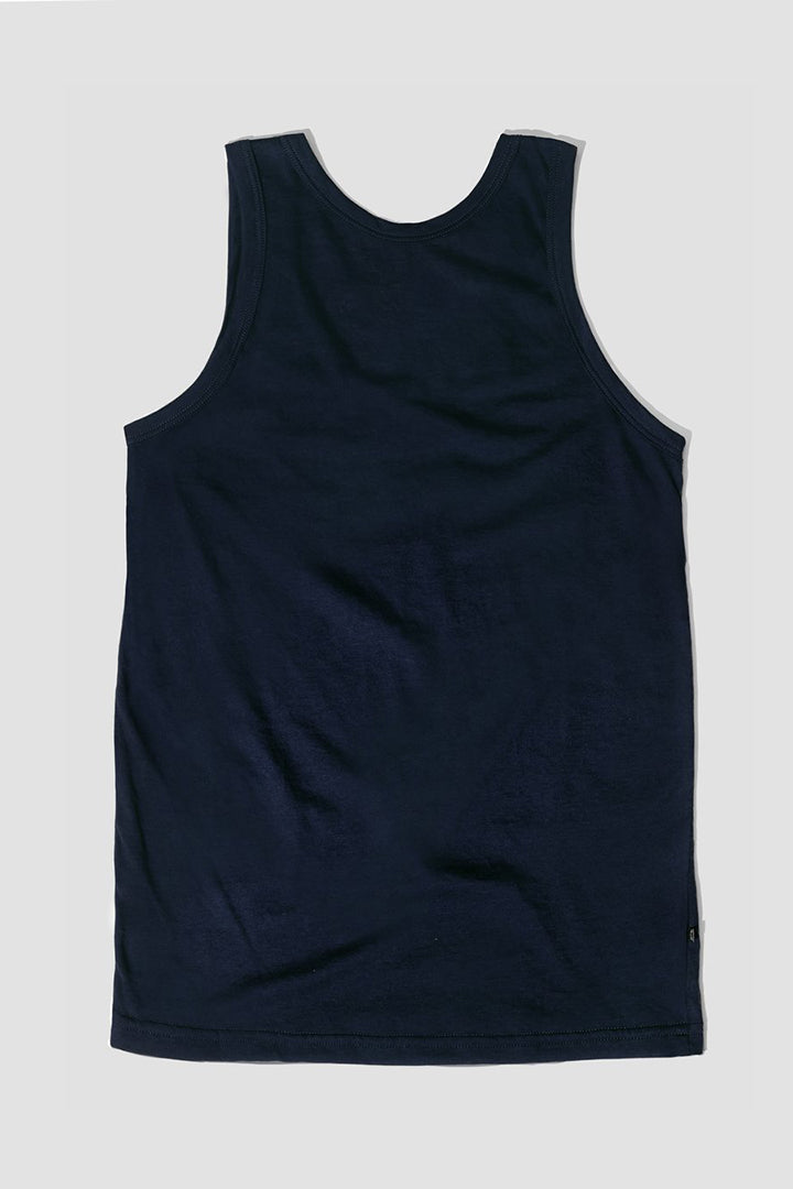 The back of a black tank top made from organic pima cotton, displayed against a white background.