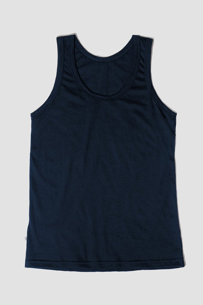 A black tank top made from organic pima cotton, displayed against a white background.