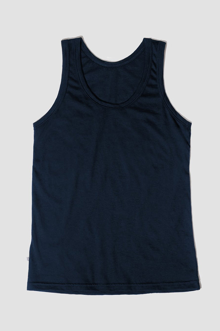 A black tank top made from organic pima cotton, displayed against a white background.