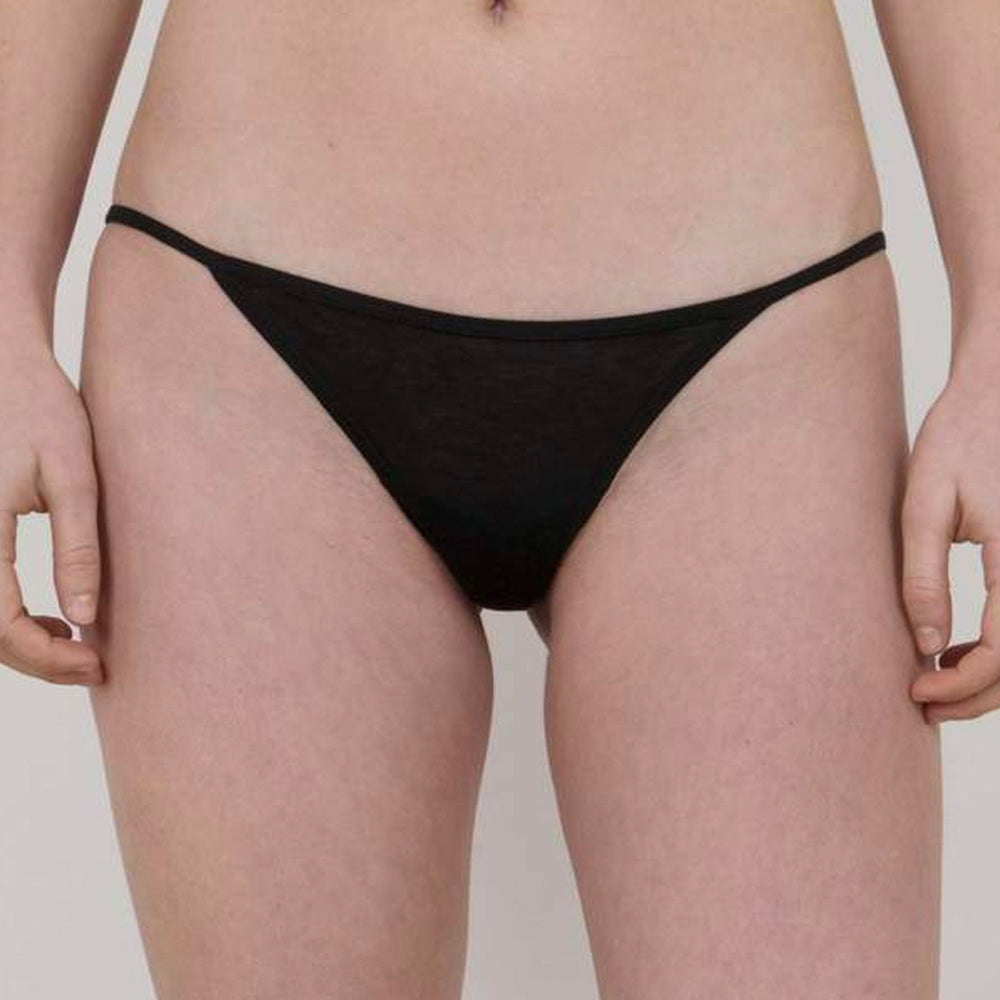 This image features a pair of stylish, low-rise string bikini panties, designed with a minimalist aesthetic in a sleek black color. The underwear is crafted from lightweight and sheer cotton fabric, enhancing comfort and breathability.
