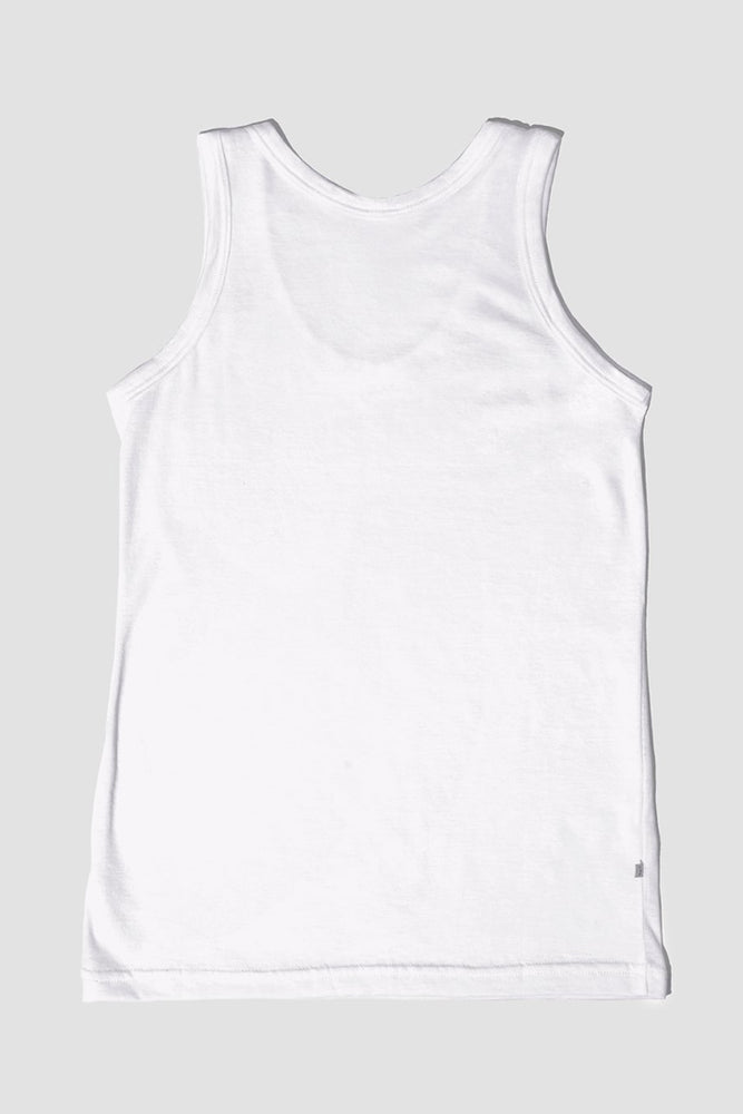 
                  
                    The back of the white, sleeveless tank top made from organic pima cotton, displayed against a solid background.
                  
                