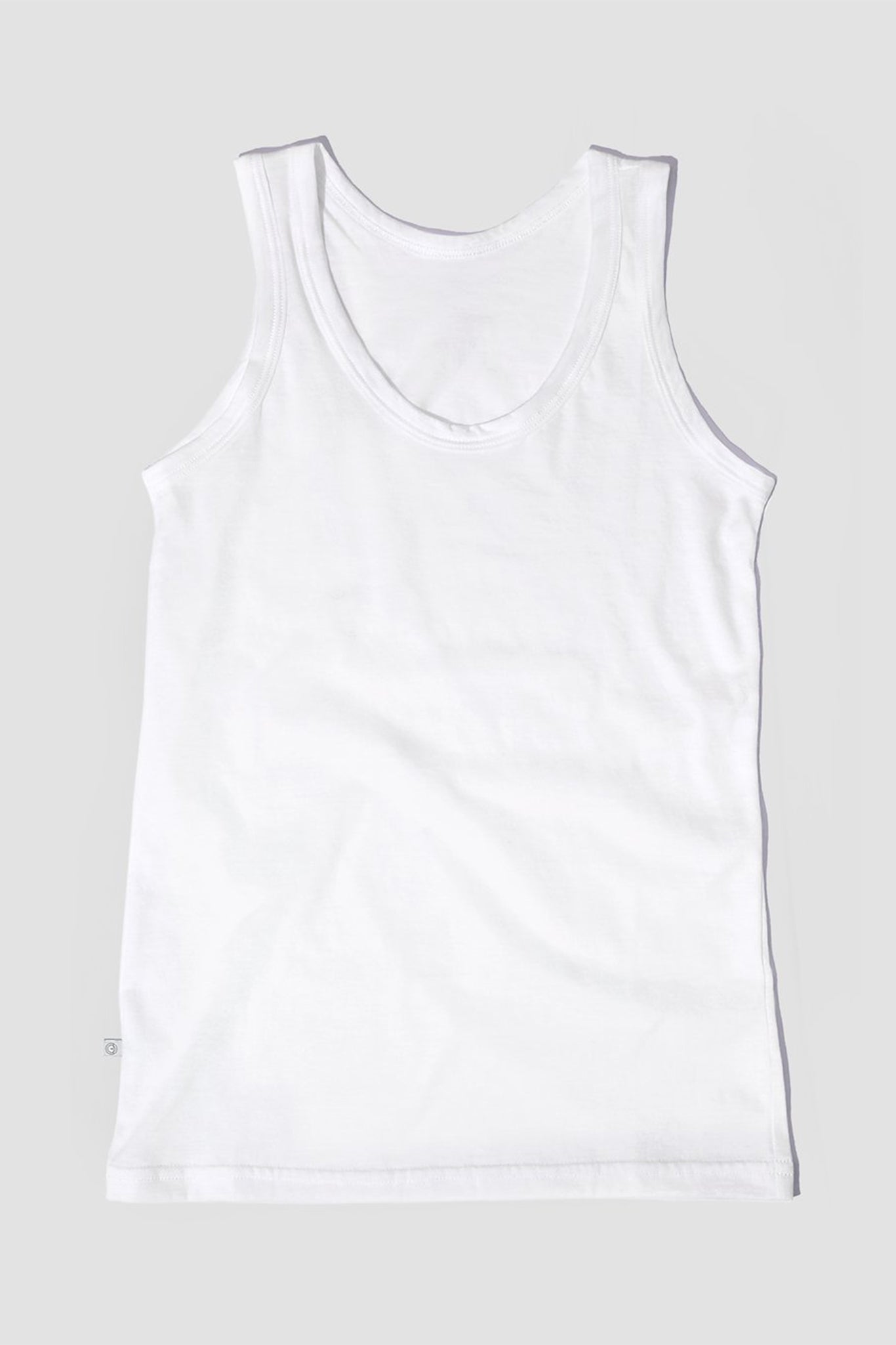 A white, sleeveless tank top made from organic pima cotton, displayed against a solid background.