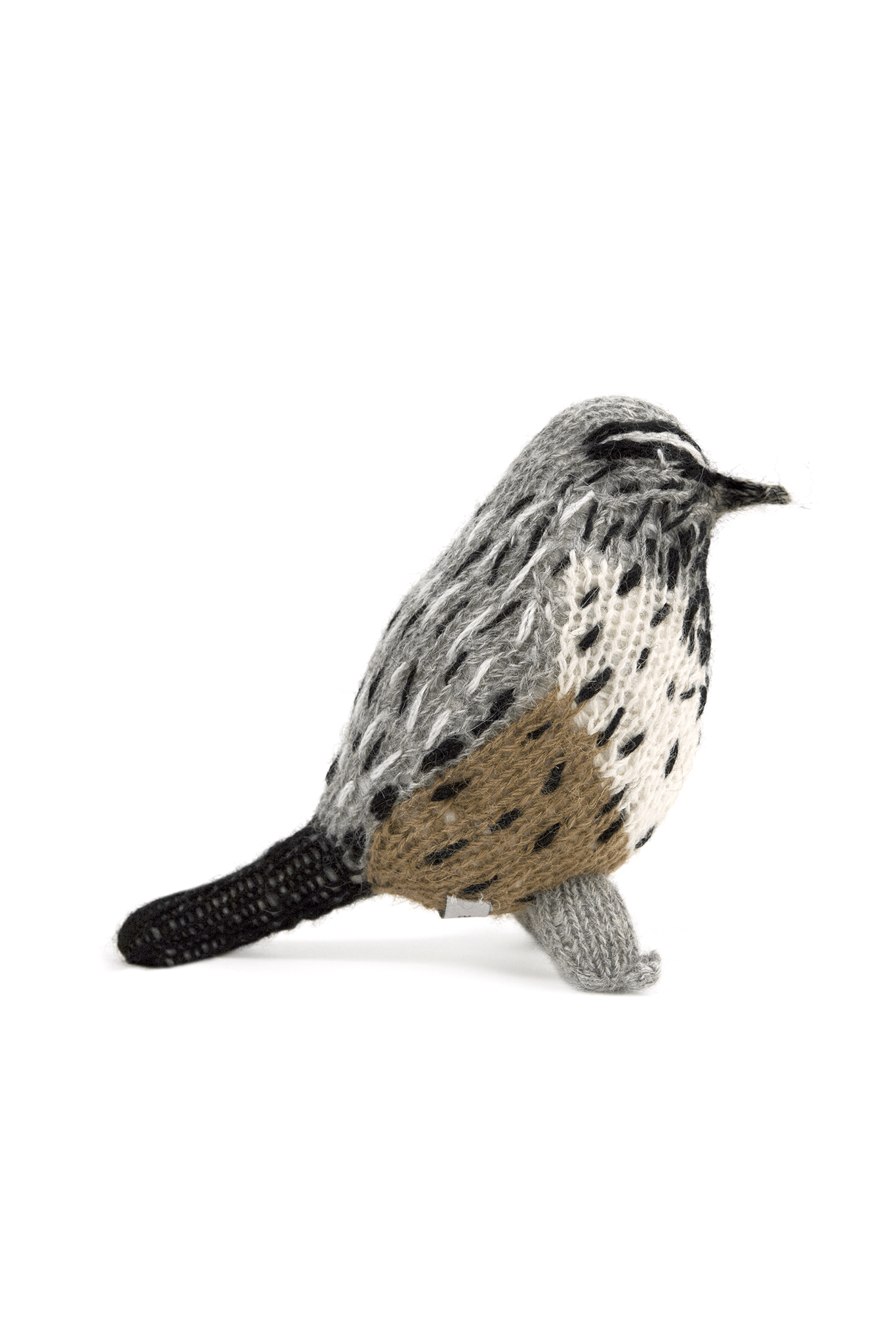 Hand-knit wool bird toy with gray and brown stripes, resembling a cactus wren.