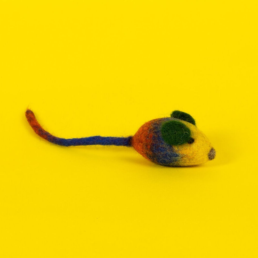 A felted wool cat toy designed to look like a mouse, with red and orange accents on a yellow background.