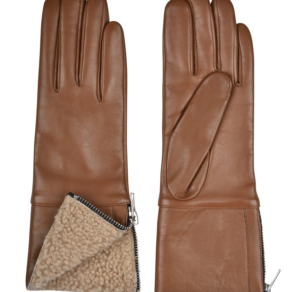 A pair of brown Amato touch tech shearling gloves with shearling cuff and side zipper, made of genuine leather with a wool-cashmere blend lining.