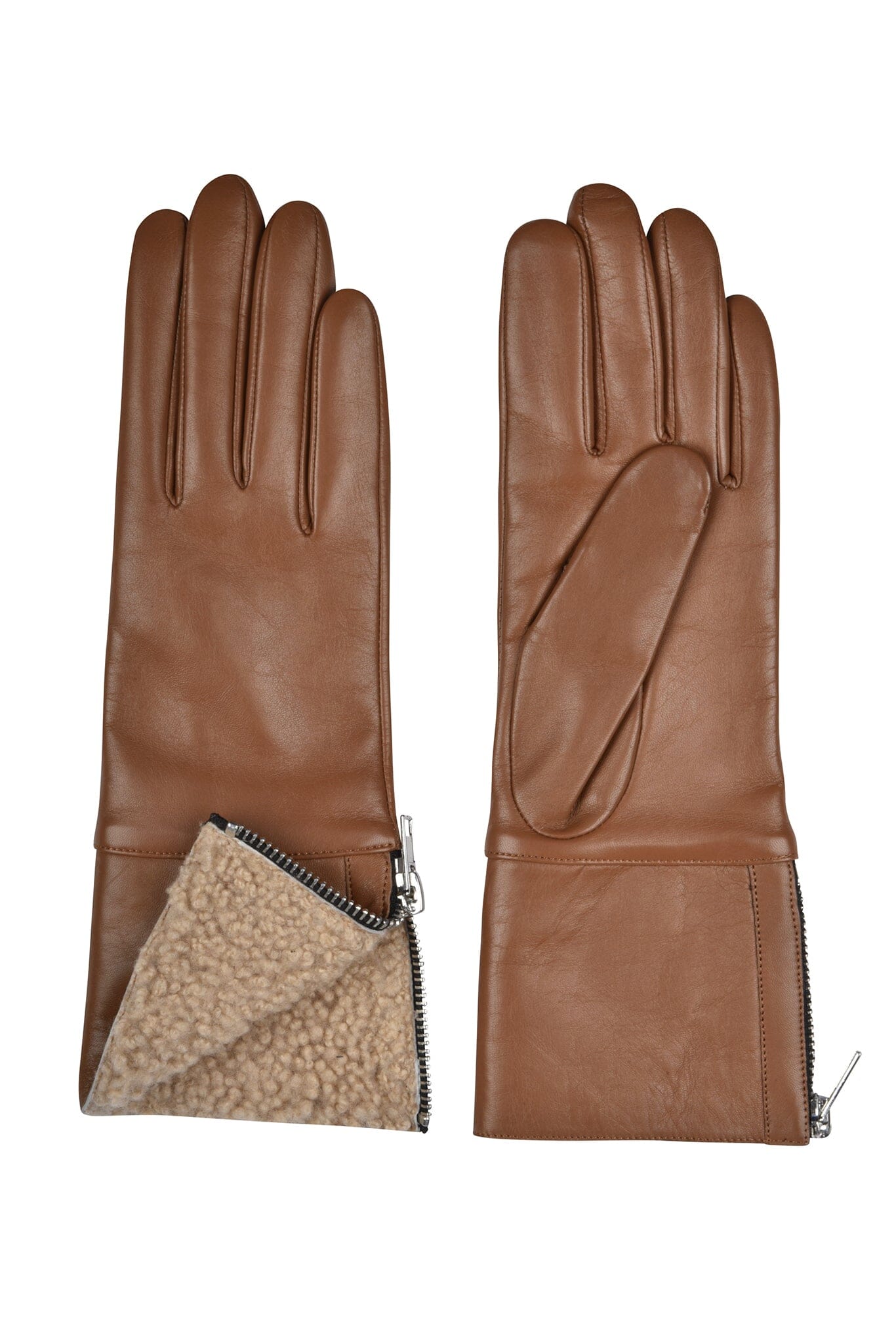 A pair of brown Amato touch tech shearling gloves with shearling cuff and side zipper, made of genuine leather with a wool-cashmere blend lining.
