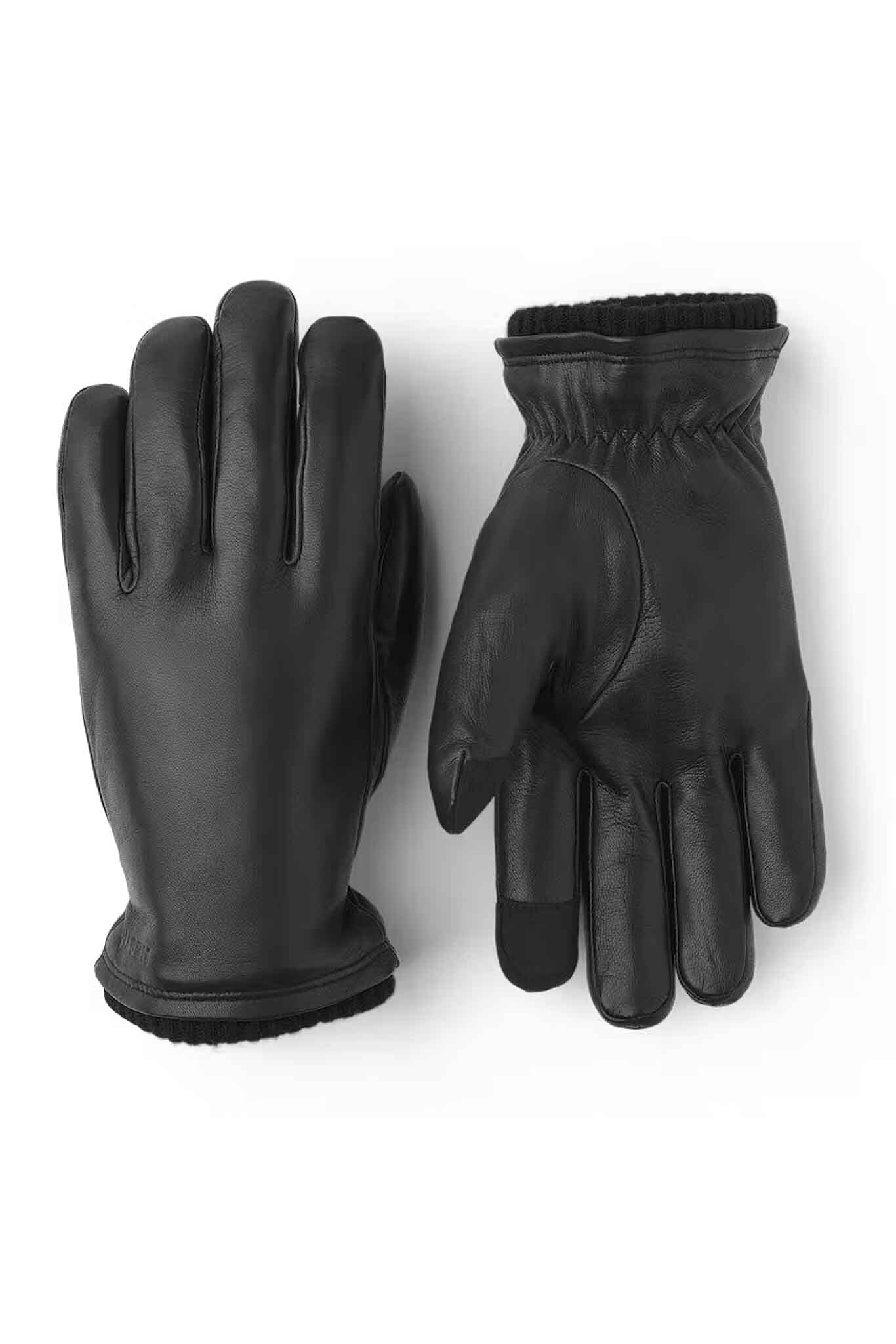 A pair of black, men's leather gloves with a ribbed cuff and touchscreen-compatible fingertips.