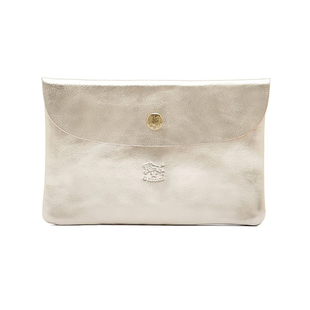 A silver cowhide leather unisex pouch with a snap button closure.