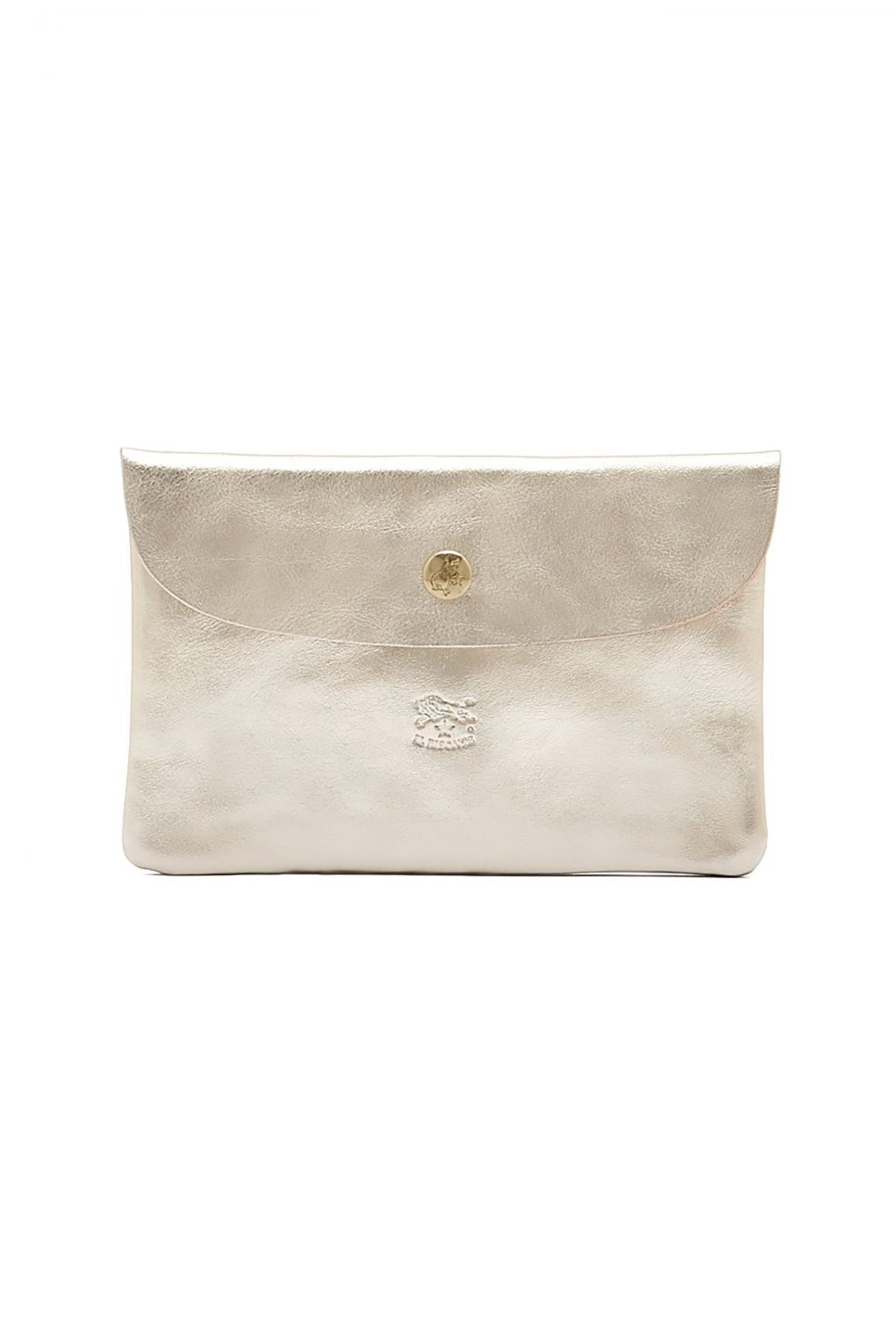 A silver cowhide leather unisex pouch with a snap button closure.