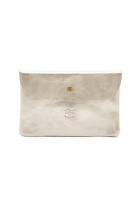 A silver cowhide leather unisex pouch with a snap button closure.
