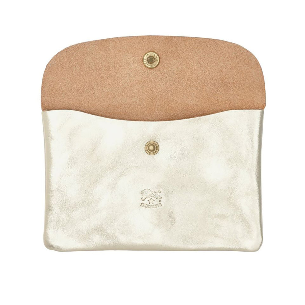 A silver cowhide leather unisex pouch with suede interior and a snap button closure.