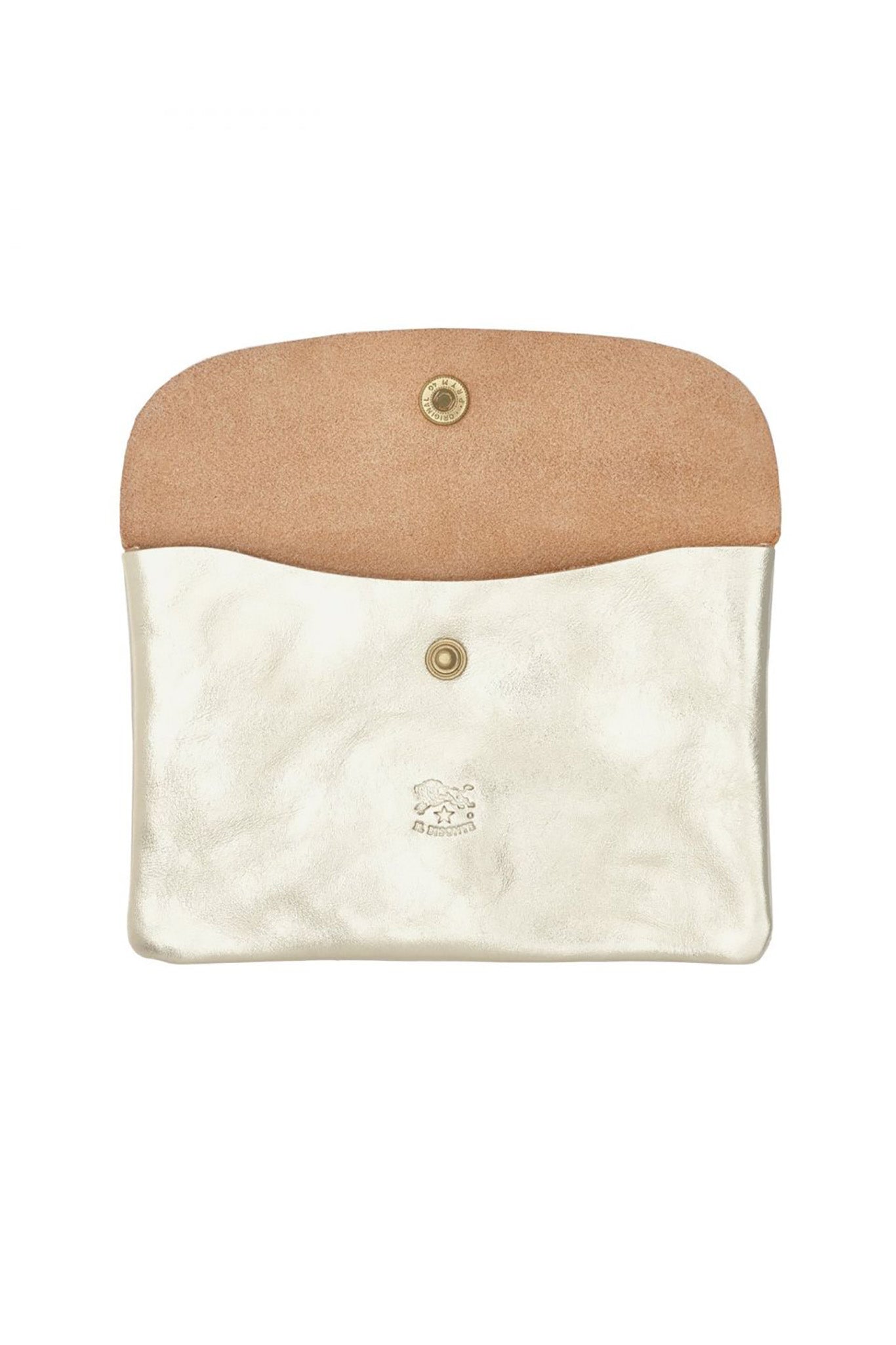 A silver cowhide leather unisex pouch with suede interior and a snap button closure.