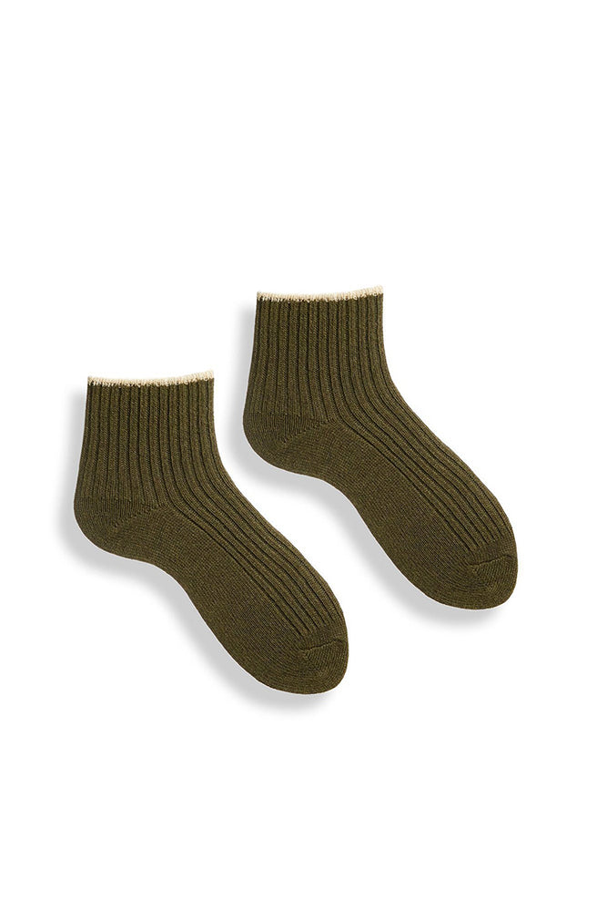 A pair of olive green, ribbed cashmere and wool shortie socks.