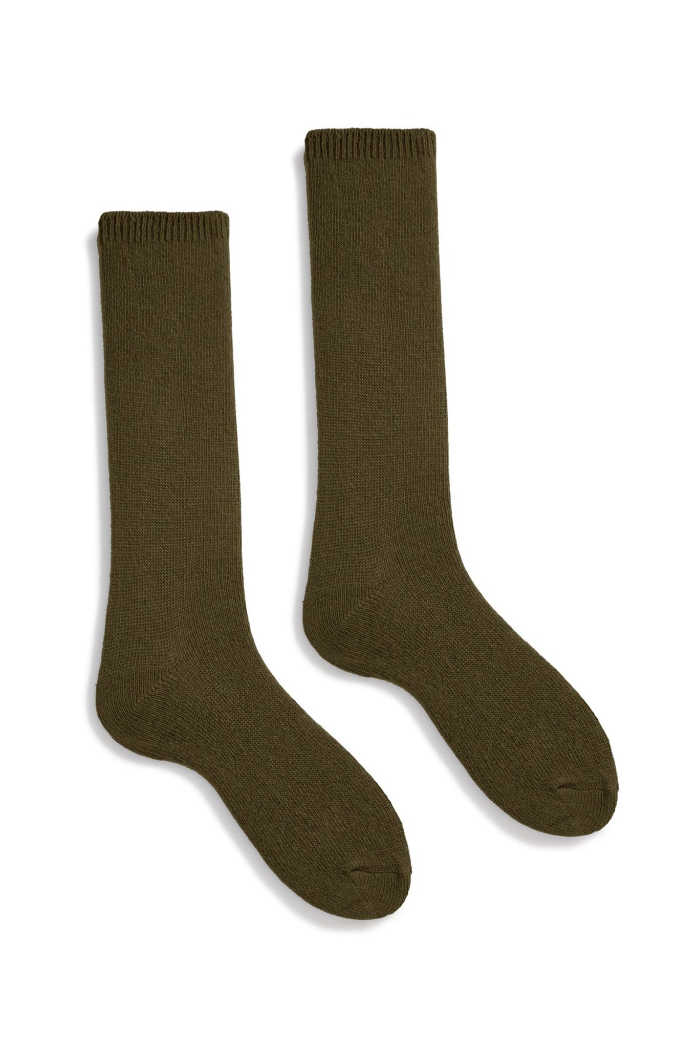 A pair of olive green cashmere and wool socks laid out flat.