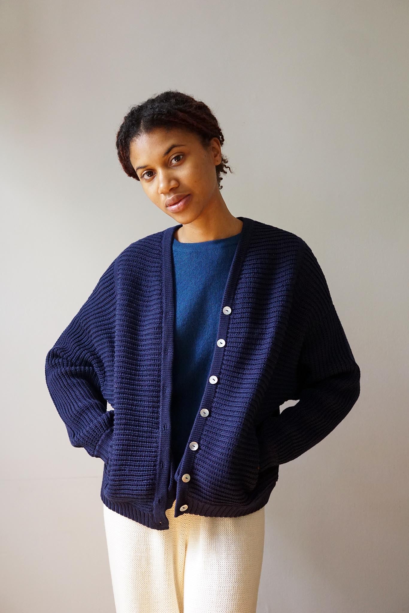 Organic cotton handmade knit sweater cardigan. Made in Peru. Brooklyn Style.