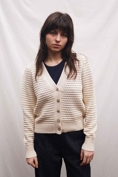 luxe cotton textured knit v-neck cardigan. Made in Peru. Brooklyn Style.