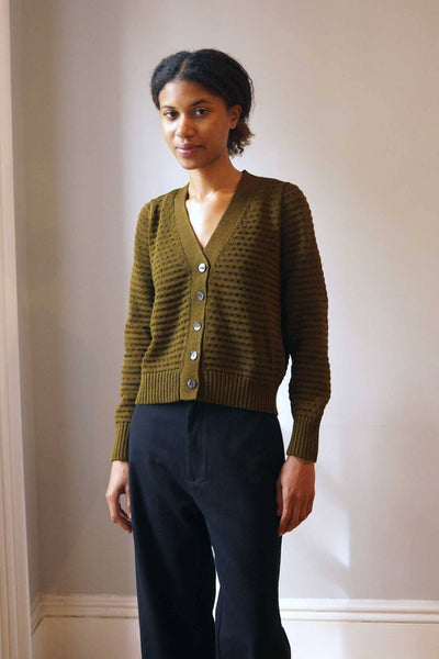 luxe cotton textured knit v-neck cardigan. Made in Peru. Brooklyn Style.