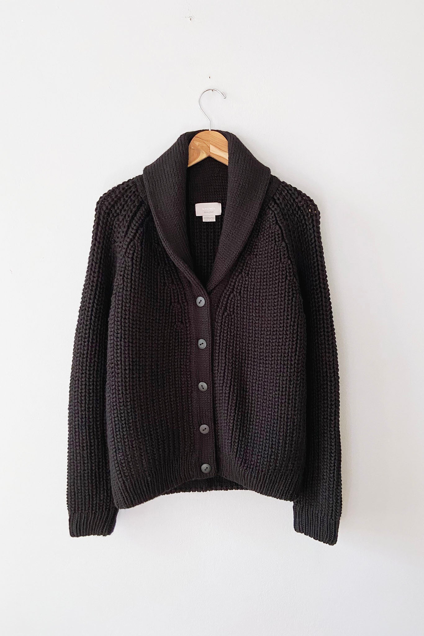 Luxurious chunky knit wool cardigan with shawl collar. Made in Peru. Perfect fall sweater.