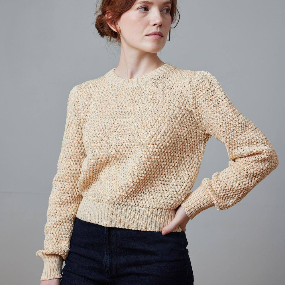 Textural cotton knit crewneck sweater. Made in peru.