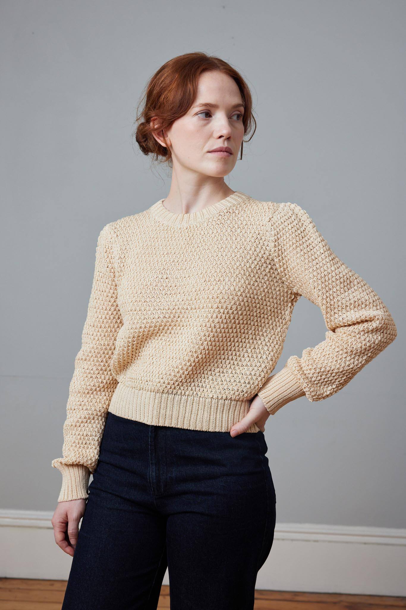 Textural cotton knit crewneck sweater. Made in peru.
