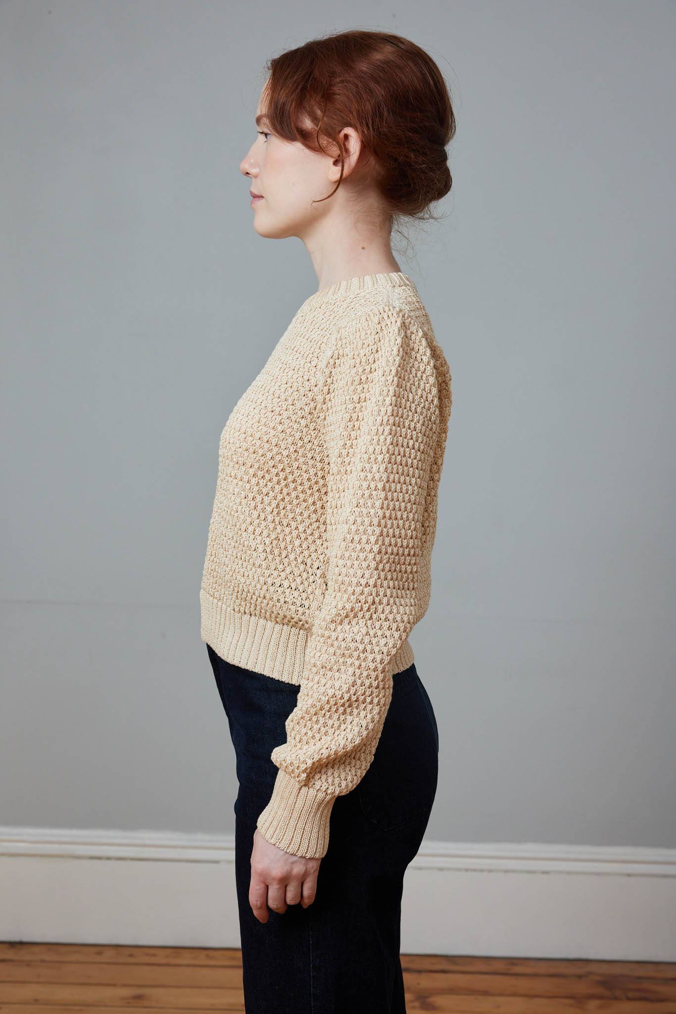 Textural cotton knit crewneck sweater. Made in peru.