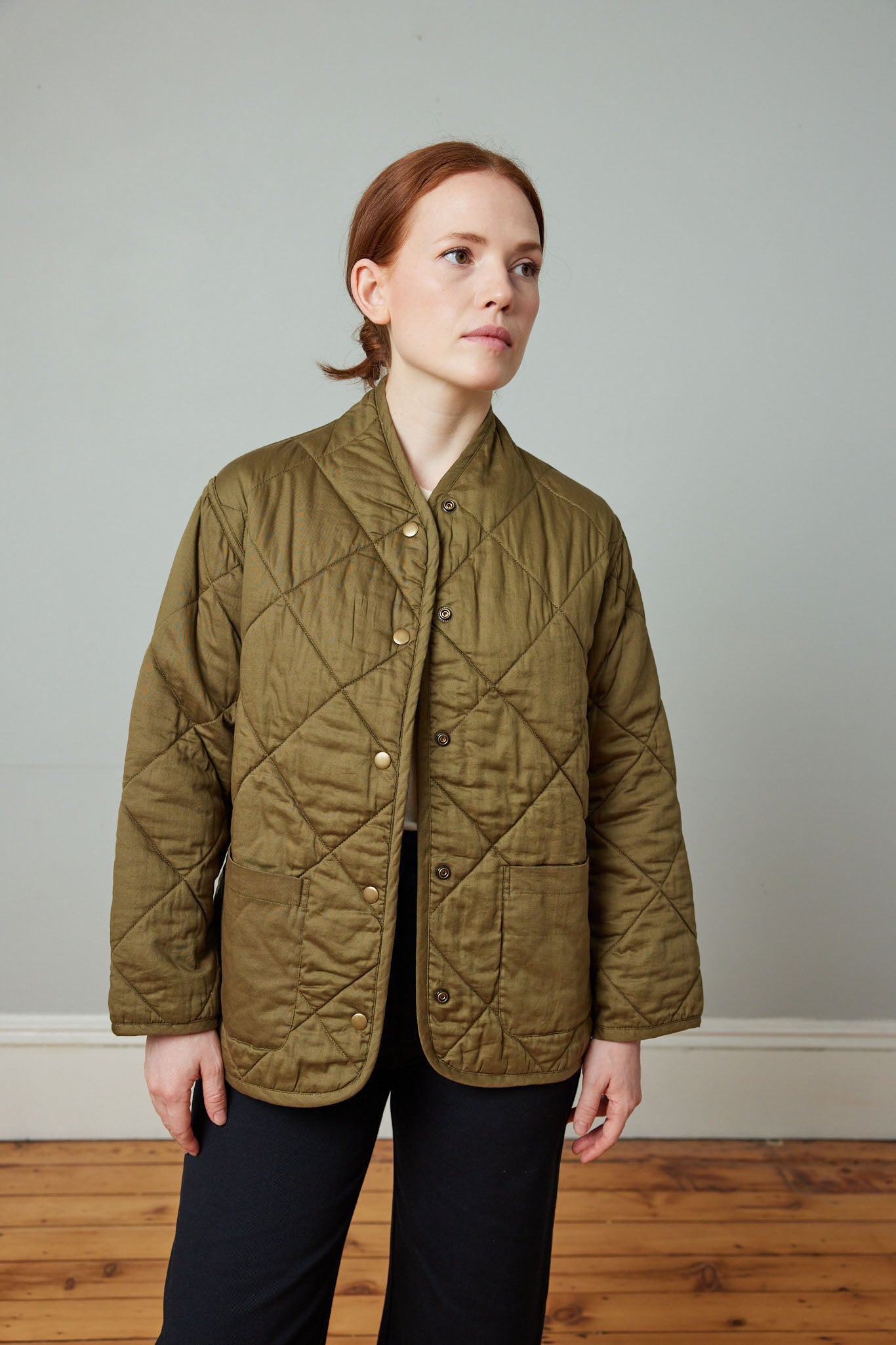 Cozy fall quilted jacket. 100% cotton quilted jacket with snaps. Designed by M.Patmos in Brooklyn, New York.